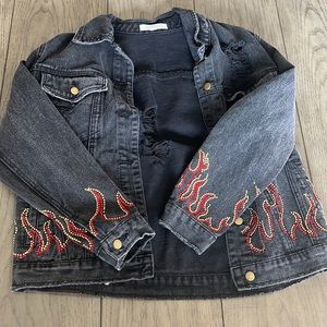 Honey Punch denim jacket, distressed with fire/flame embelishments. Size M